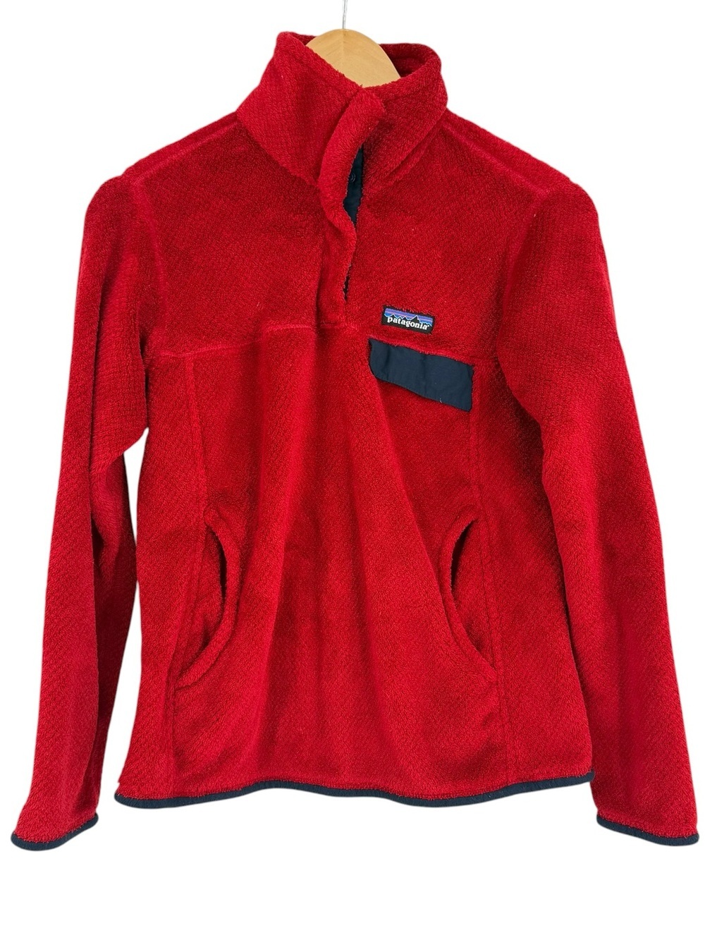 Patagonia Re-Tool Snap-T Fleece Pullover Womens Small Red Navy Trim Half Snap